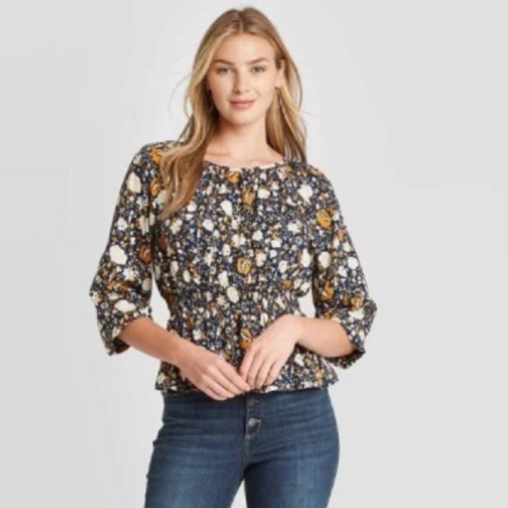 NEW Universal Thread Bishop Long Sleeve Navy Floral‎ Print Blouse Sz. XXL